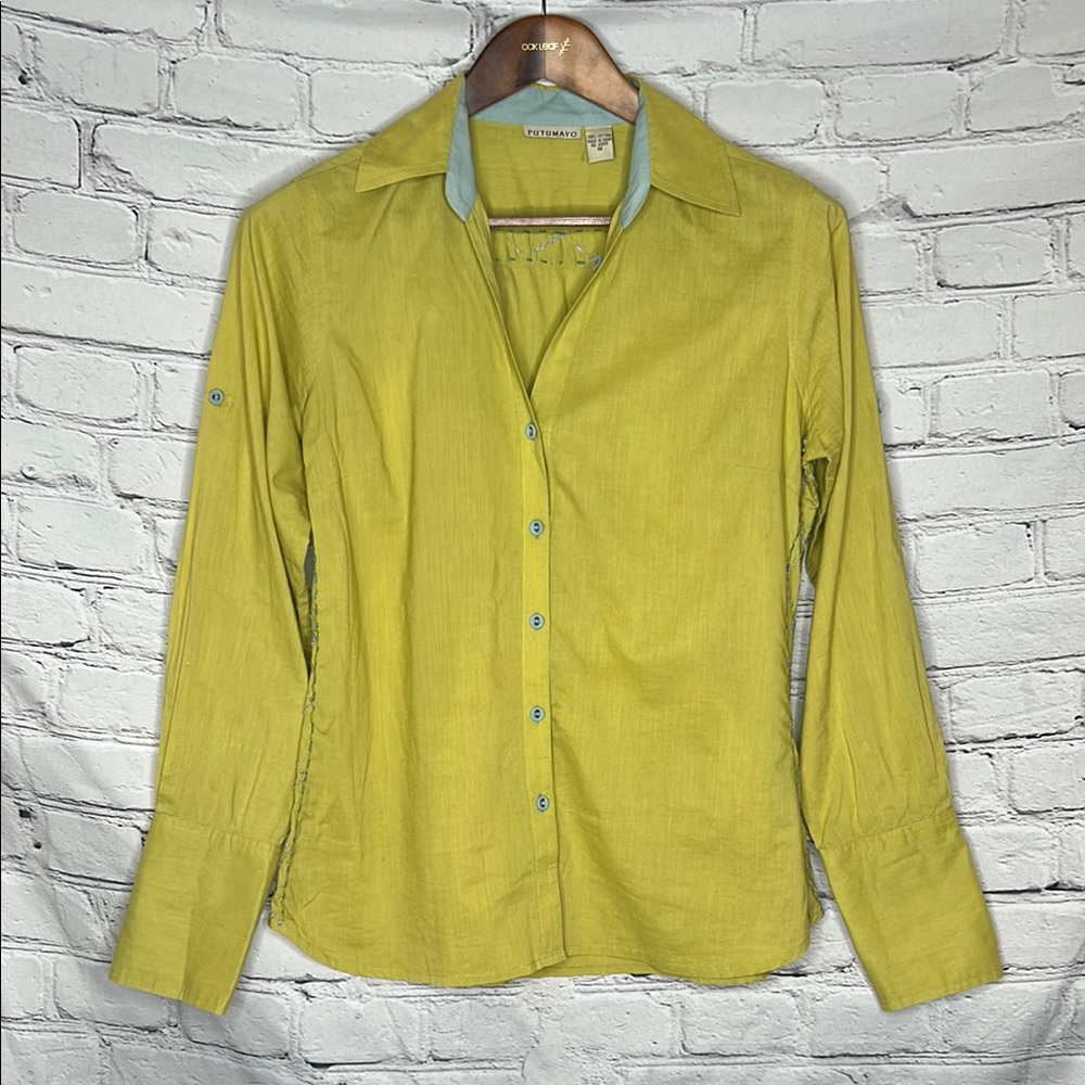 Putumayo Green & Blue Button Down Collar Blouse Size Medium Excellent Condition